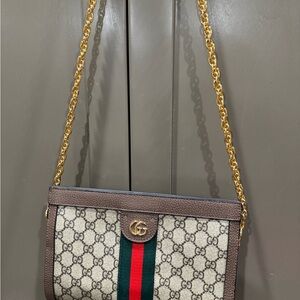 Gucci Beige and Brown Crossbody Bag with Gold Chain